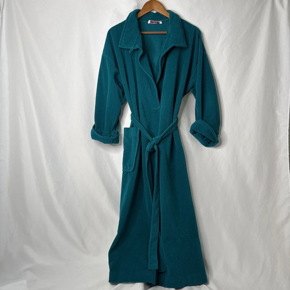 Vanity Fair Vintage Womens M Green‎ Aqua Fleece Long Sleeve Robe Sleepwear USA